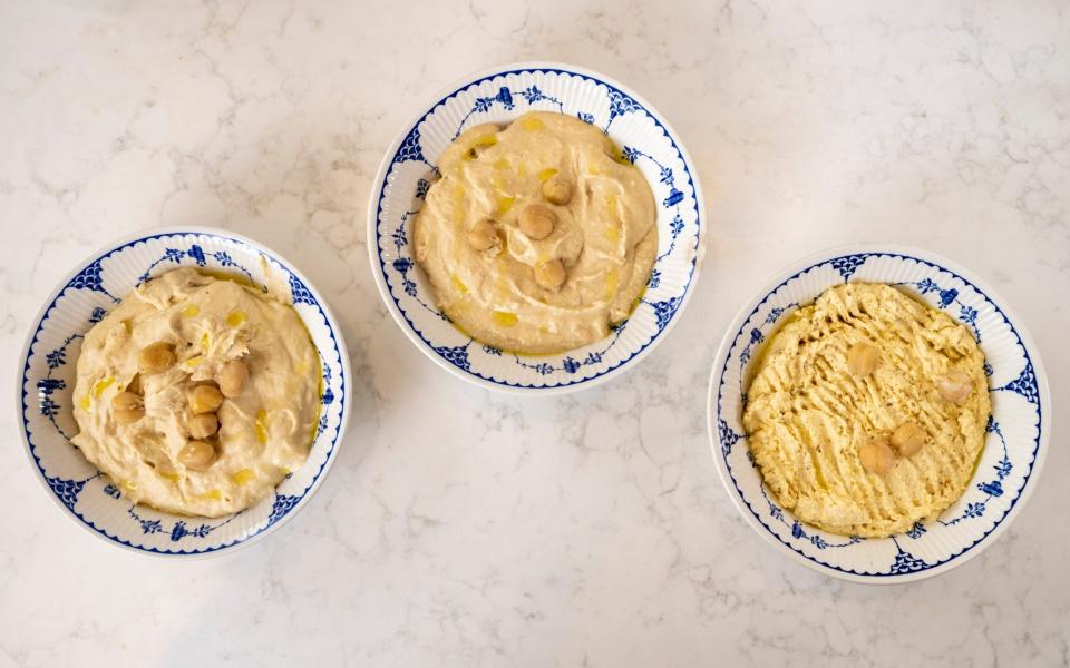 The three bowls, 'cunningly dressed with a swizz of oil, a few whole chickpeas and a sprinkle of za’atar' - Andrew Crowley