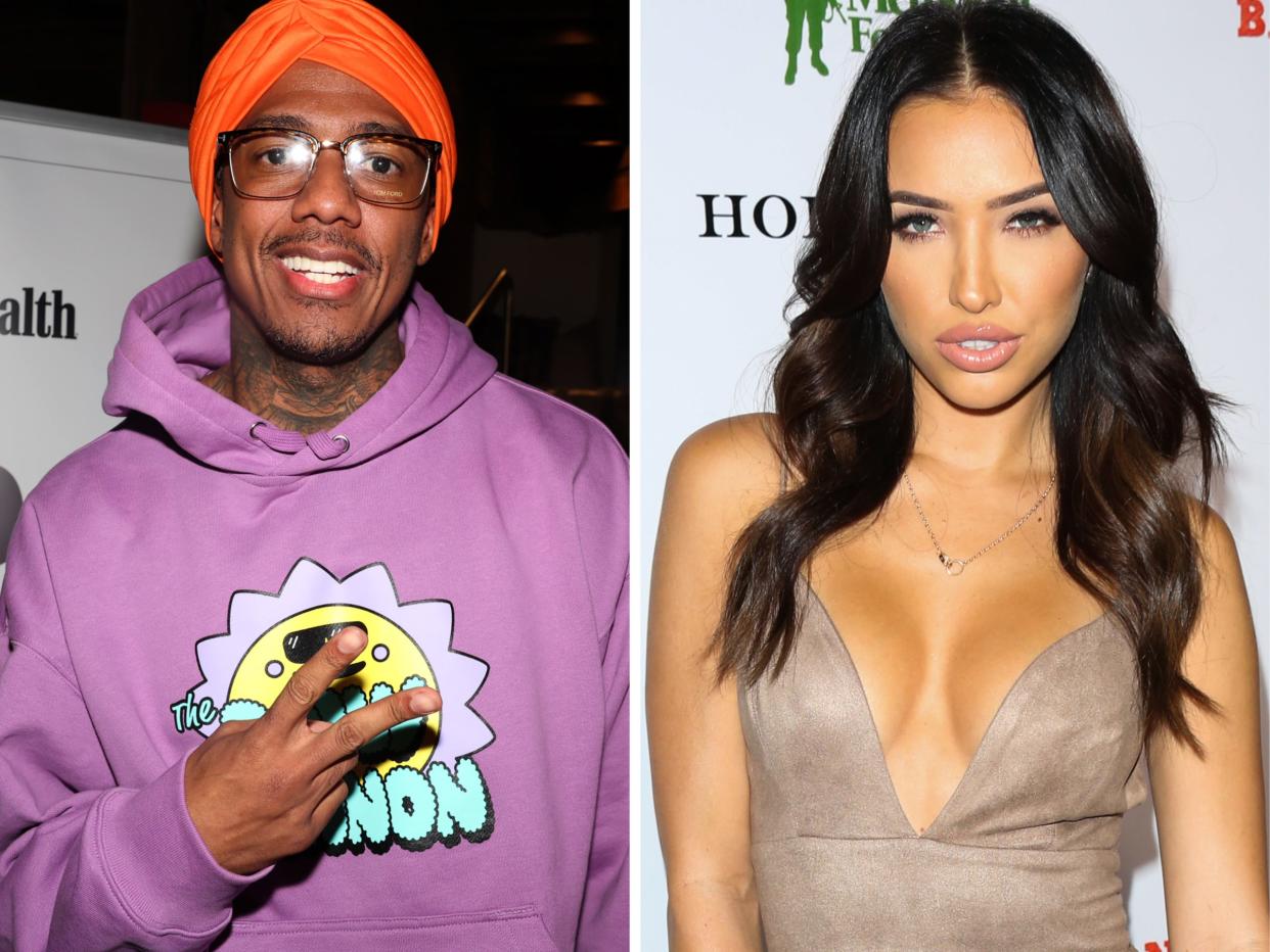 A photo of Nick Cannon posing for a photo while wearing a purple hoodie and an orange beanie next to a photo of Bre Tiesi wearing a beige dress.