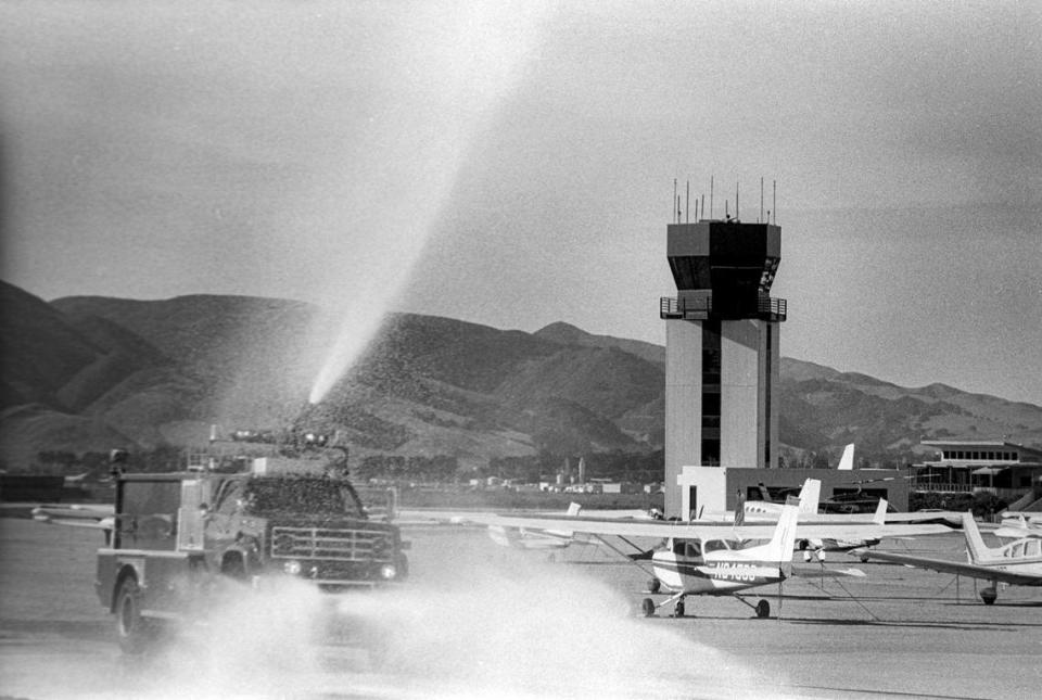 The San Luis Obispo County Regional Airport Fire Station demonstrated what was a new technology Jan. 8, 1988: a $200,000 foam spraying fire truck. At the time it was called the Department of Forestry-County Fire station at McChesney Field. The equipment was said to be able to arrive within two minutes and begin dousing fire before it parked with push button controls inside the cab.