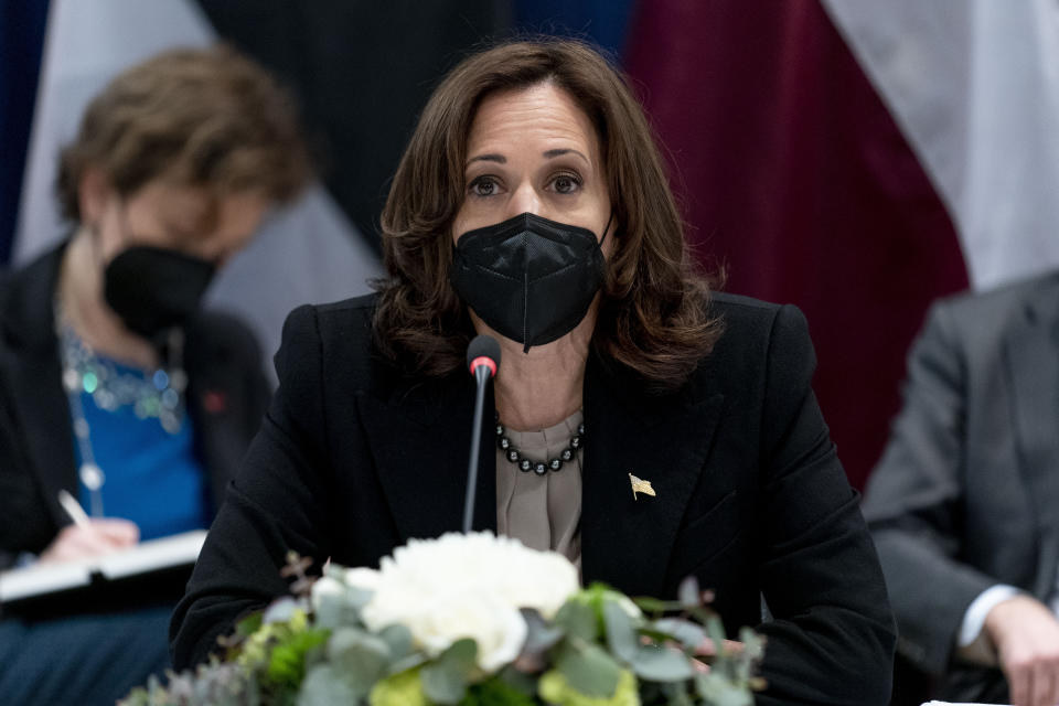 Vice President Kamala Harris speaks during a meeting with Estonia's Prime Minister Kaja Kallas, Latvian President Egils Levits, and Lithuanian President Gitanas Nauseda, during the Munich Security Conference in Munich, Friday, Feb. 18, 2022. (AP Photo/Andrew Harnik, Pool)