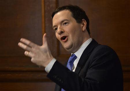 Britain's Chancellor of the Exchequer George Osborne addresses a conference on European Union reform, in central London January 15, 2014. Osborne said on Wednesday the legal treaties that dictate how the European Union is run were not fit for purpose and should be changed, saying he was determined his country would reshape its EU ties. REUTERS/Toby Melville