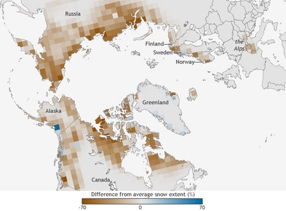 Difference from average annual snow cover since 1971, compared with the 1966 to 2010 average. Snow cover has largely been below average since the late 1980s.