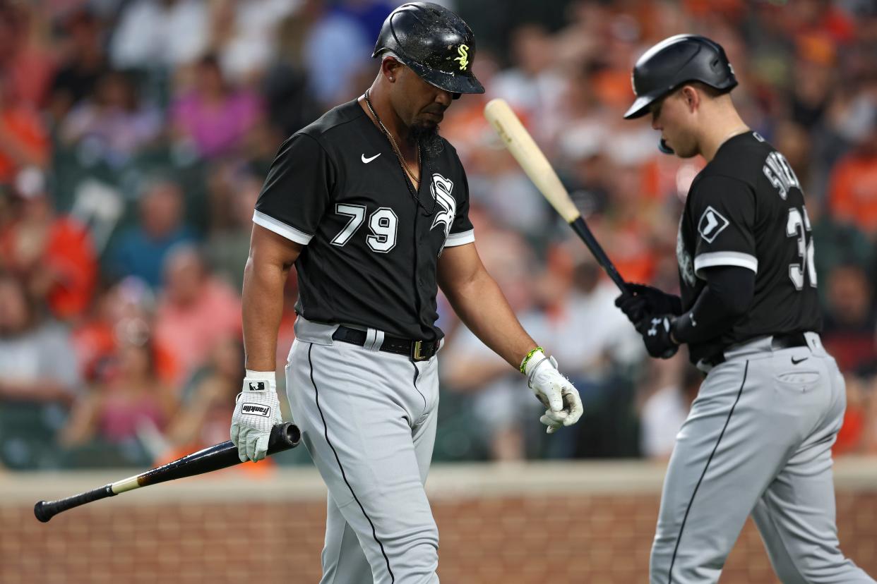 Jose Abreu reacts after striking out against the Baltimore Orioles.