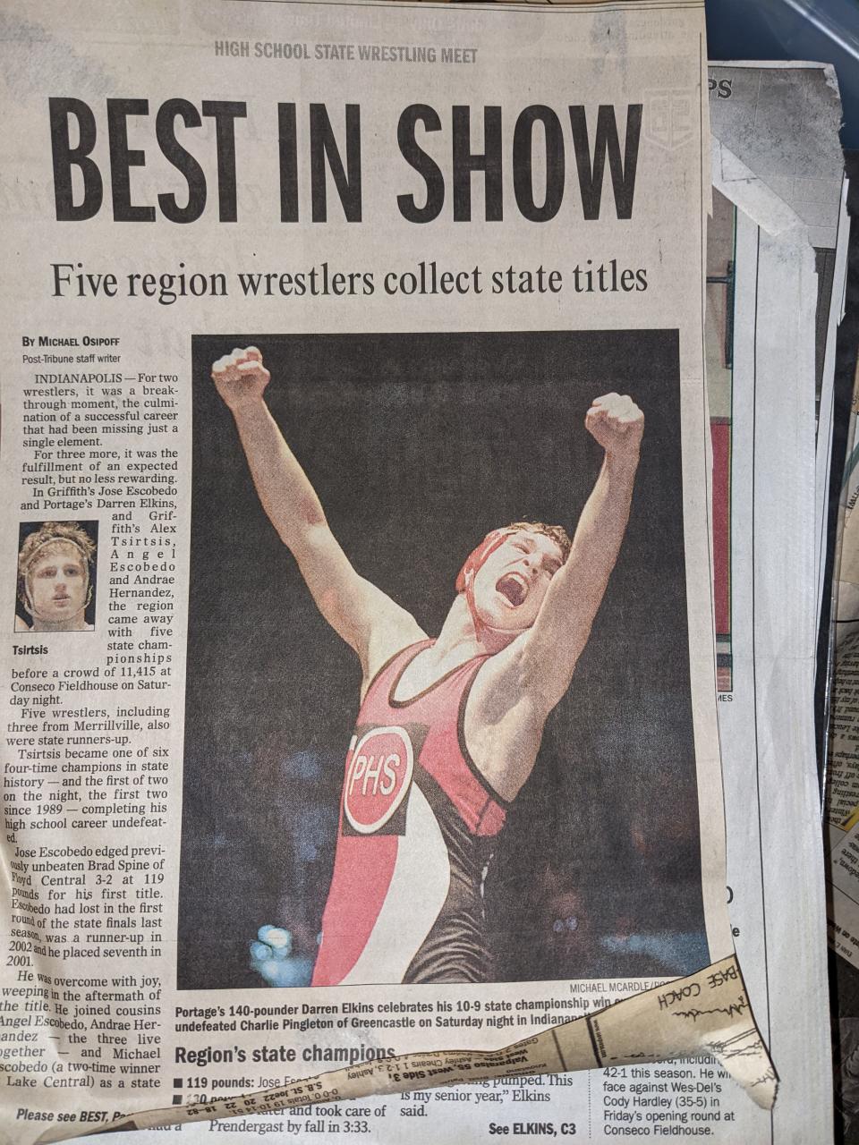 Post Tribune front page of Darren Elkins' 2004 state title as a Portage High School senior 140 pounds