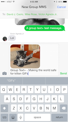 Screenshots of Contrast's new Group Text+ app