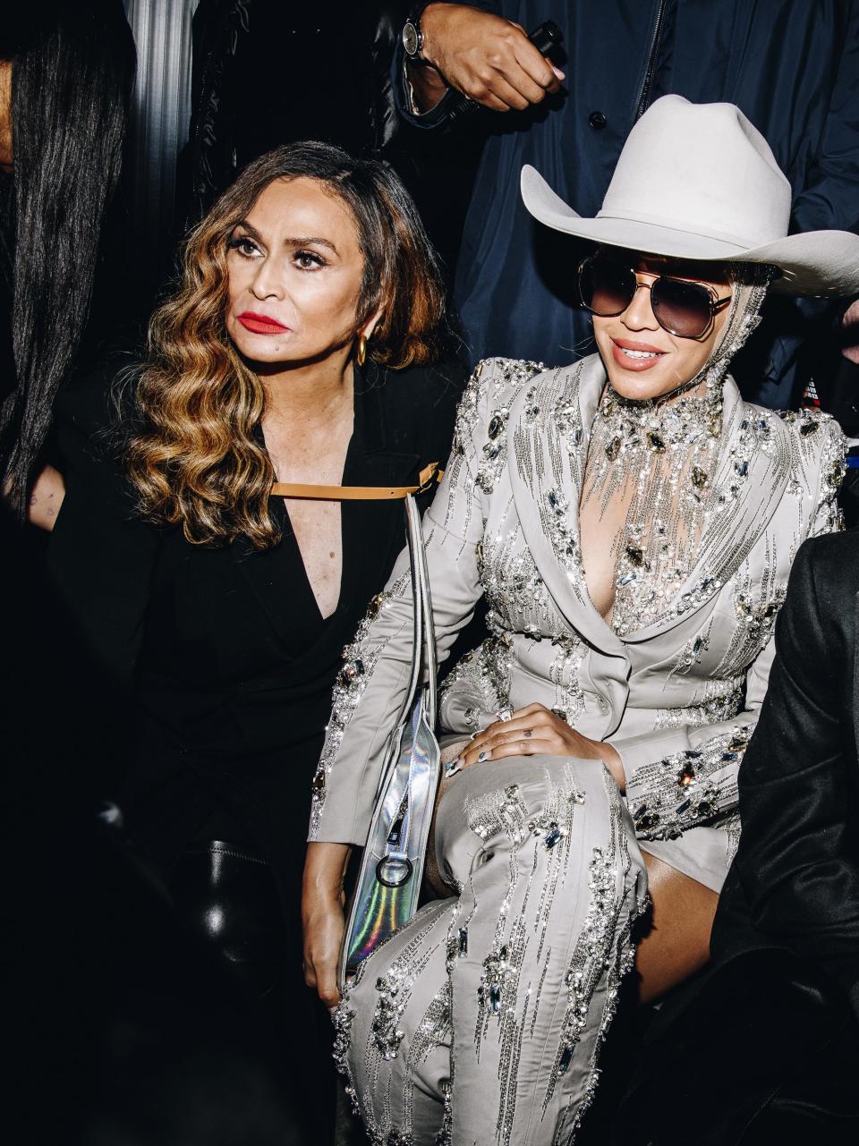 Only a few days after her surprise music drop, the busy Beyoncé was spotted in Bushwick attending Luar’s NYFW show with mother Tina Knowles (left). Photo by Nina Westervelt/WWD via Getty Images