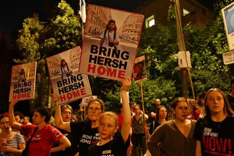 Friends and supporters of Hersh Goldberg-Polin, an American-Israeli, kidnapped by Hamas, demand a hostage deal outside Prime Minister Benjamin Netanyahu's residence in Jerusalem on Wednesday. Photo by Debbie Hill/UPI