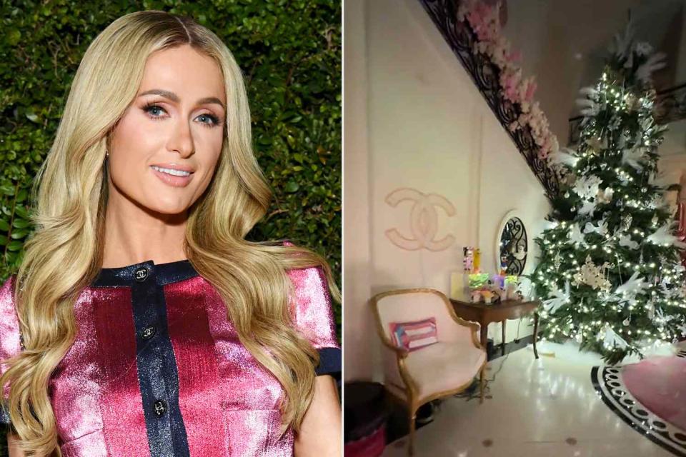 <p>Jon Kopaloff/WireImage; Paris Hilton/TikTok</p> Paris Hilton unveils her Christmas decorations