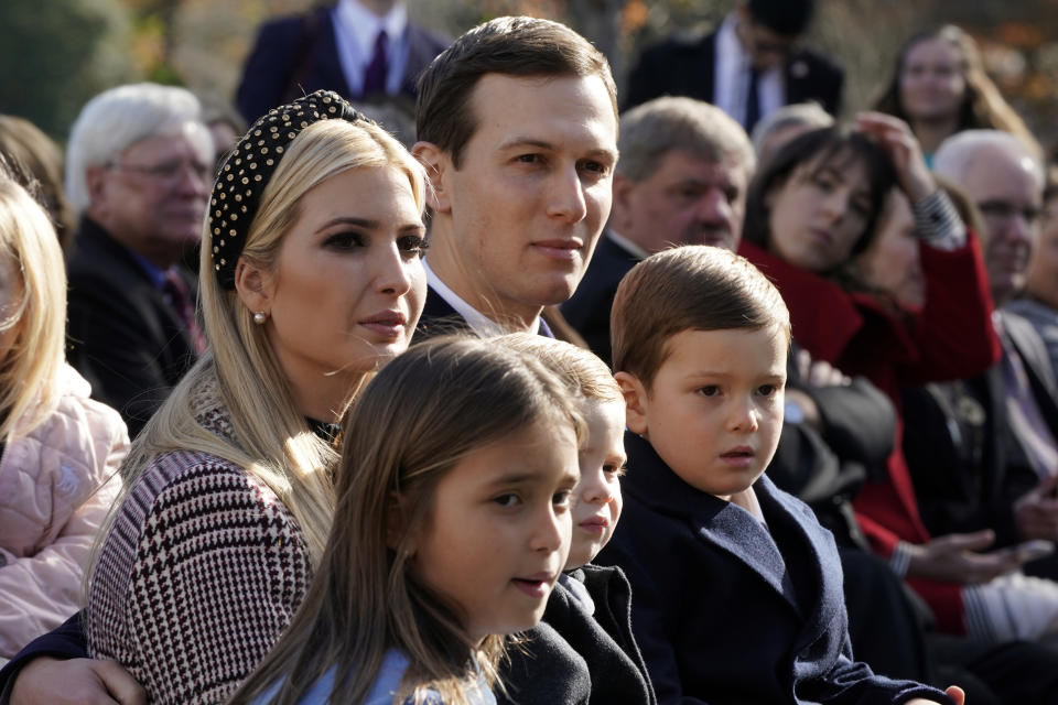 White House senior advisors Ivanka Trump and Jared Kushner sit with their children Arabella, Theodore and Joseph Kushner as President Trump participates in the 71st presentation and pardoning of the Thanksgiving turkeys in the Rose Garden of the White House in Washington, D.C., Nov. 20, 2018. (Photo:Jonathan Ernst/Reuters)