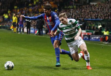 Britain Football Soccer - Celtic v FC Barcelona - UEFA Champions League Group Stage - Group C - Celtic Park, Glasgow, Scotland - 23/11/16 Celtic's James Forrest in action with Barcelona's Sergi Roberto Reuters / Russell Cheyne Livepic