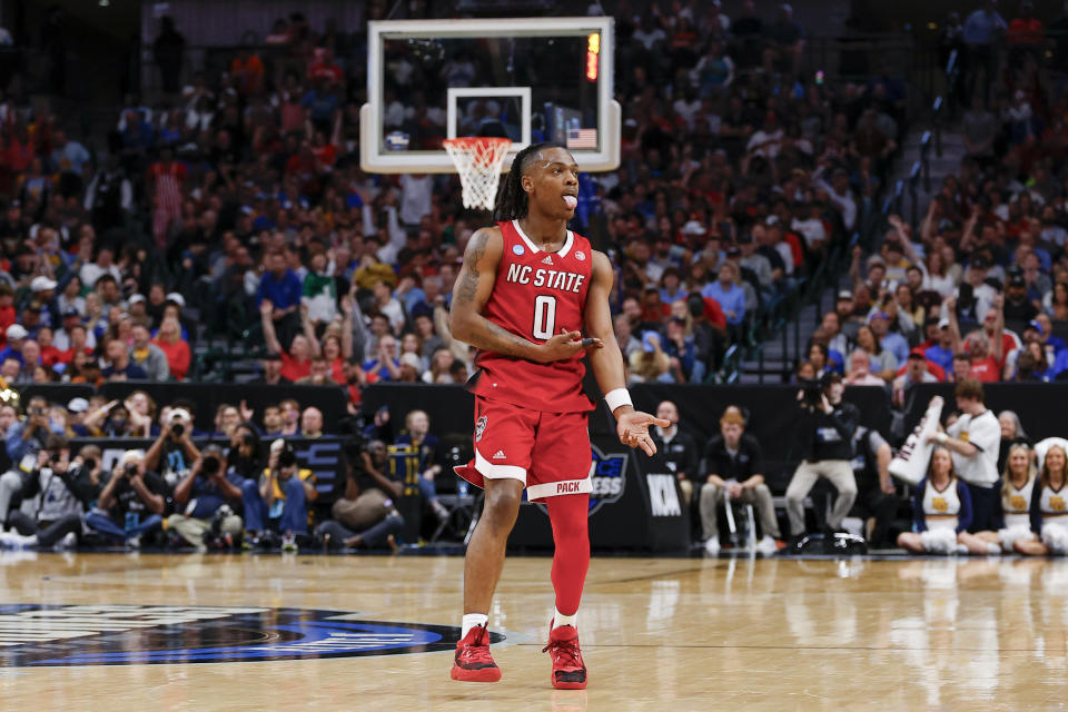 North Carolina State's DJ Horne reacts during the second half of a Sweet 16 college basketball game against Marquette in the NCAA Tournament in Dallas, Friday, March 29, 2024. (AP Photo/Brandon Wade)