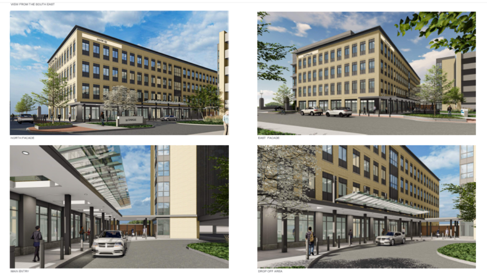 Renderings of "Switchpoint Quincy," a project including medical facilities, retail and a parking garage proposed by commercial real estate and developer FoxRock Properties.