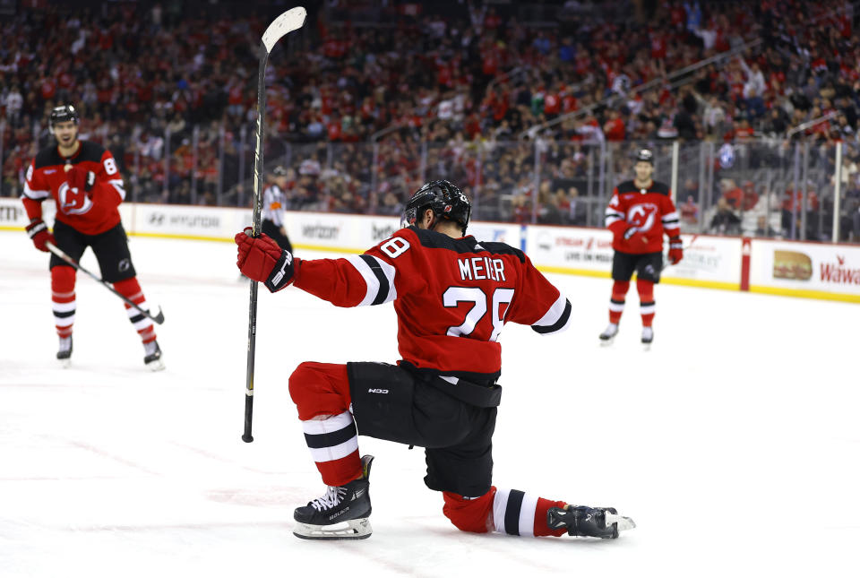 New Jersey Devils right wing Timo Meier (28) reacts after scoring a goal against the Florida Panthers during the second period of an NHL hockey game, Tuesday, March 5, 2024, in Newark, N.J. (AP Photo/Noah K. Murray)