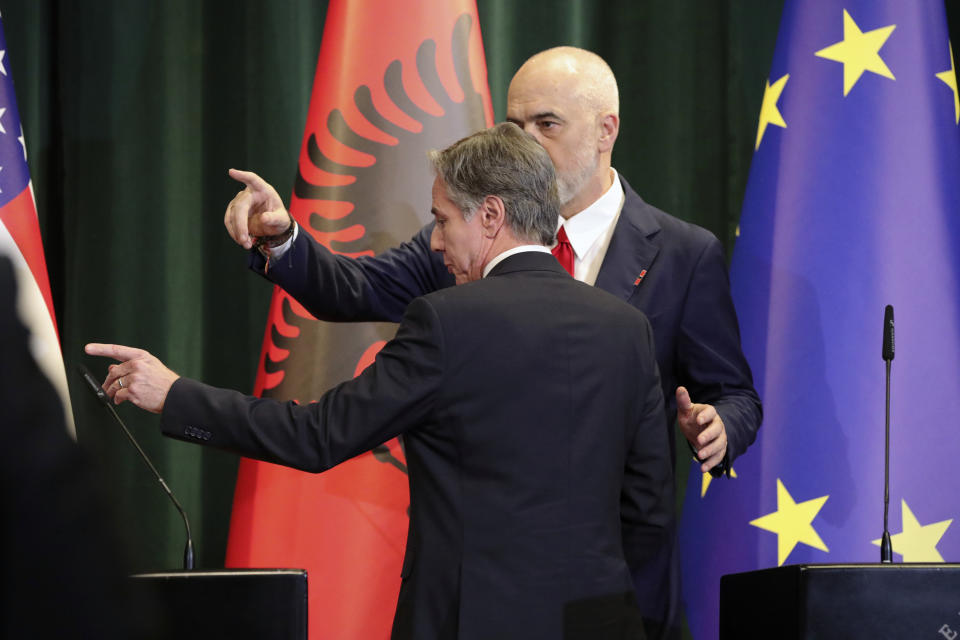 U.S. Secretary of State Antony Blinken, foreground, and Albania's Prime Minister Edi Rama hold a press conference in Tirana, Albania, Thursday, Feb. 15, 2024. Blinken visits Albania to reaffirm Washington's relations with a key partner in the Western Balkan region and an ally in supporting Ukraine's sovereignty and territorial integrity. (AP Photo/Armando Babani, Pool)