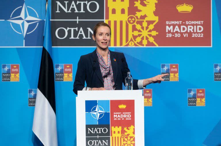 La primera ministra de Estonia, Kaja Kallas, interviene en una rueda de prensa en la segunda y última jornada de la Cumbre de la OTAN 2022 en el Recinto Ferial IFEMA MADRID, a 30 de junio de 2022