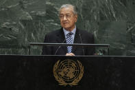 Malaysia's Prime Minister Mahathir Bin Mohamad addresses the 74th session of the United Nations General Assembly at the U.N. headquarters Friday, Sept. 27, 2019. (AP Photo/Kevin Hagen)