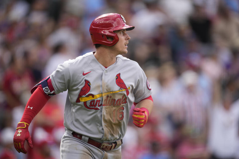 St. Louis Cardinals' Nolan Gorman watches two-run home run off Colorado Rockies relief pitcher Justin Lawrence during the eighth inning of a baseball game Wednesday, April 12, 2023, in Denver. (AP Photo/David Zalubowski