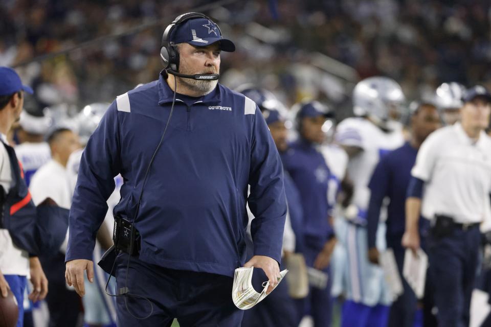 Dallas Cowboys head coach Mike McCarthy watches play against the Las Vegas Raiders in the first half of an NFL football game in Arlington, Texas, Thursday, Nov. 25, 2021. (AP Photo/Ron Jenkins)