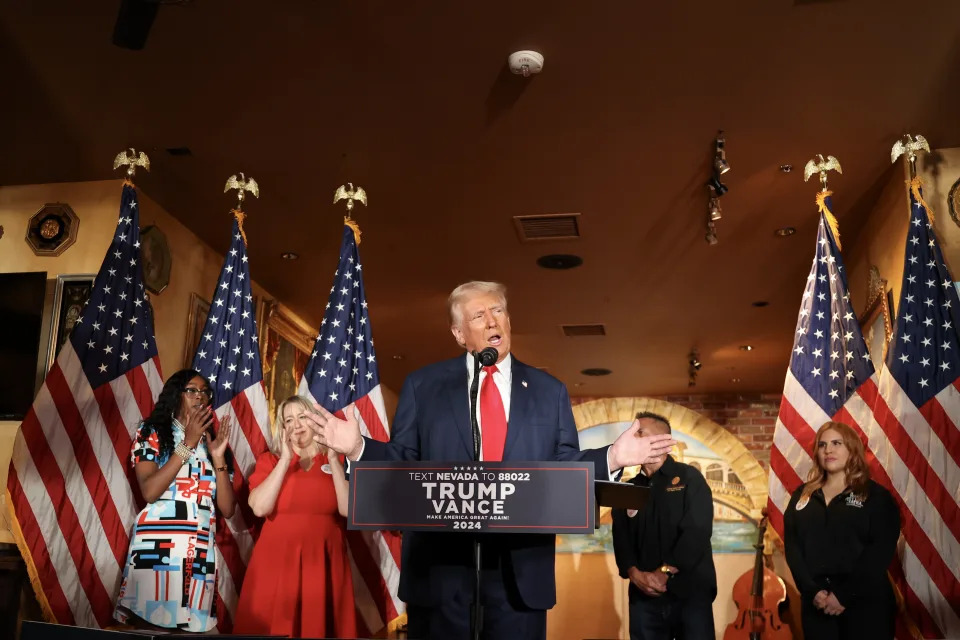 LAS VEGAS, NEVADA - AUGUST 23: Republican Presidential candidate, former U.S. president, Donald Trump speaks at II Toro E La Capra on August 23, 2024 in Las Vegas, Nevada. The event focused on Trump’s proposed policy to eliminate taxes on tips for service industry employees. (Photo by Ian Maule/Getty Images)