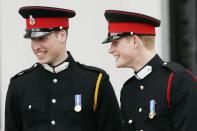 <p>Prince William and Prince Harry photographed at the Sovereign’s Parade at Sandhurst Military Academy on April 12, 2006 in Surrey. <em>[Photo: Getty]</em> </p>