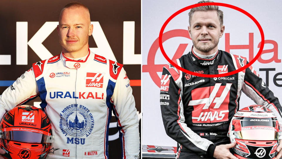 Pictured left to right, Russian former F1 driver Nikita Mazepin and Dane Kevin Magnussen.