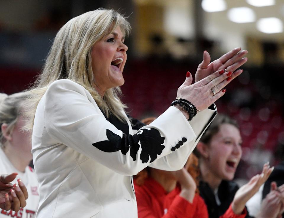 Texas Tech coach Krista Gerlich claps during a game against Texas on Jan. 18. On Thursday, Gerlich will coach against UTEP's Kevin Baker, who was an assistant under her at West Texas A&M from 2005-12.