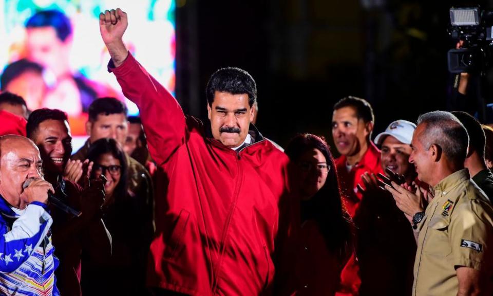 Venezuelan president Nicolas Maduro celebrates the results of the election in Caracas.