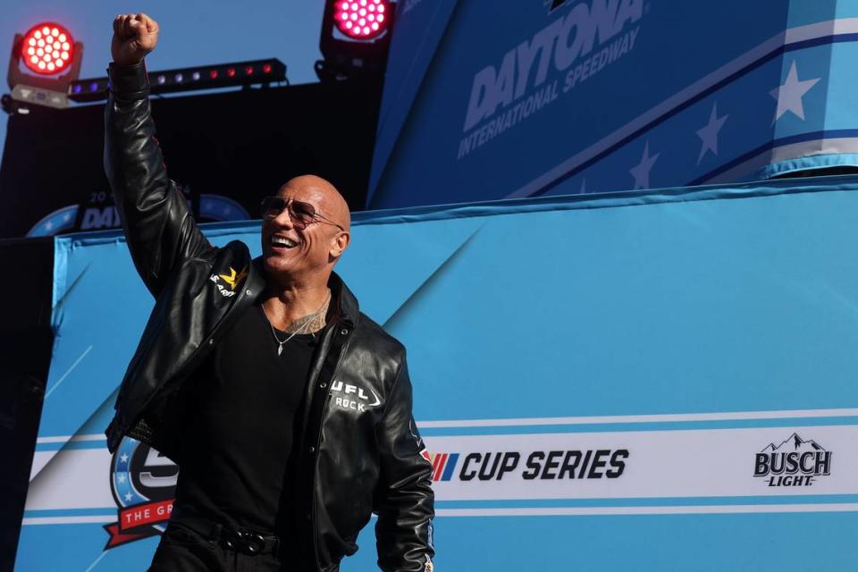 Feb 19, 2024; Daytona Beach, Florida, USA; American actor and Daytona 500 Grand Marshal Dwayne The Rock Johnson during drivers introductions before the Daytona 500 at Daytona International Speedway. Mandatory Credit: Peter Casey-USA TODAY Sports Peter Casey/Peter Casey-USA TODAY Sports