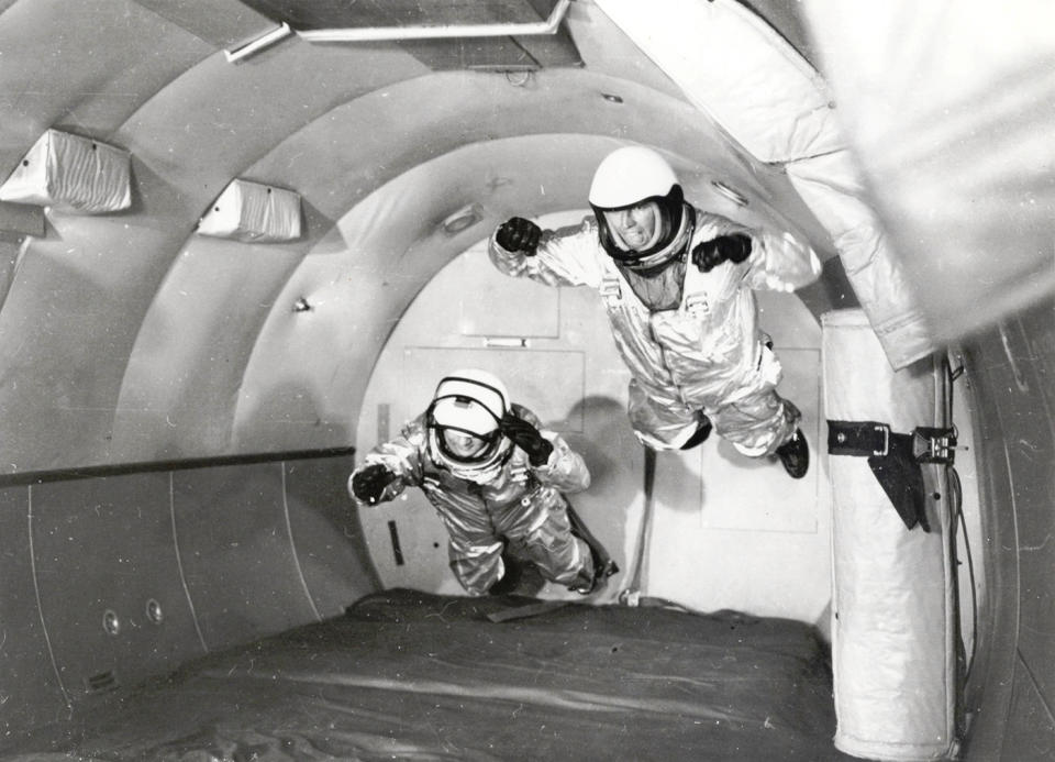 Astronauts practiced zero-g maneuvers as part of the training for Project Mercury manned space flights scheduled between 1961 and 1963. They flew in a C-131 Samaritan plane, which entered a vertical climb and leveled out providing 15 to 25 seconds of zero gravity. The sensation turned a few stomachs, earning it the nickname of the 