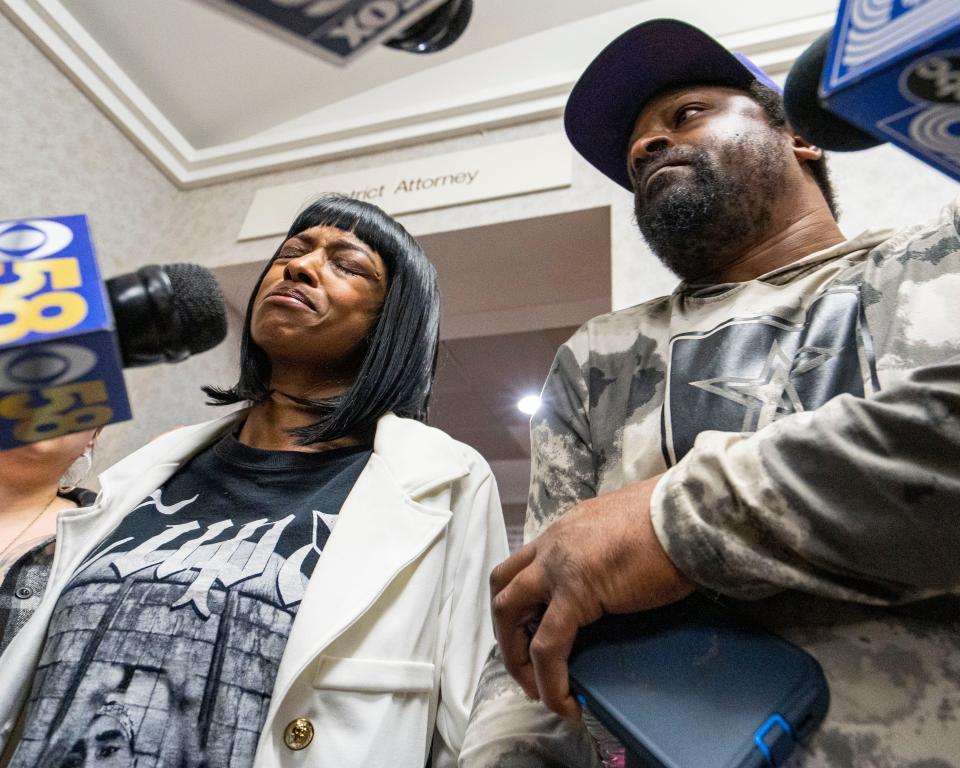 Sheena Scarbrough, mother of 19-year-old Sade Carleena Robinson, talks to the press after Maxwell Anderson is charged with killing and dismembering Robinson on Friday, April 12, 2024, at the Milwaukee County Criminal Justice Facility in Milwaukee.