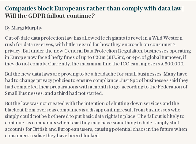 Companies block Europeans rather than comply with data law | Will the GDPR fallout continue?