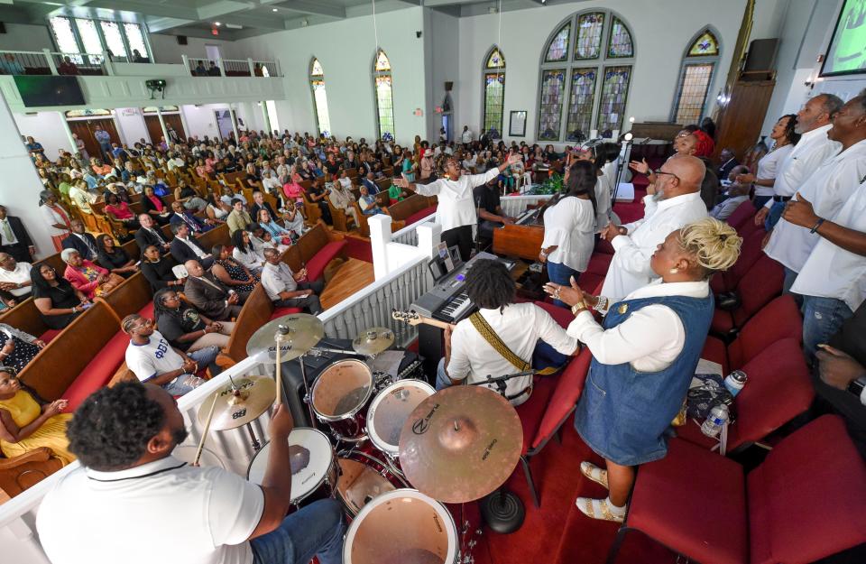 June 9, 2024;  Tuscaloosa, AL, USA;  The Bloody Tuesday Choir and congregation sing during the 60th anniversary of the Bloody Tuesday event in Tuscaloosa.  Sixty years ago, demonstrators were beaten and arrested by law enforcement officers and a surrogate crowd as they went from First African Baptist to the Tuscaloosa County Courthouse to protest the inclusion of segregated facilities.