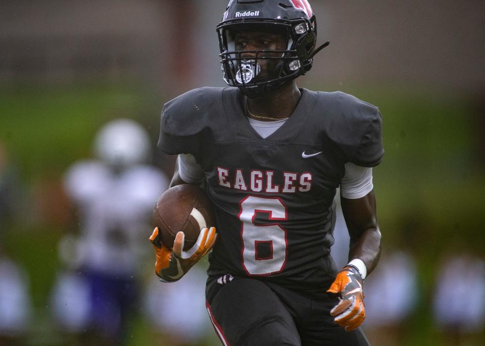 North Florida Christian School senior wide receiver Traylon Ray (6) plays as the Eagles face Marianna High in Week 2 of the season on Sept. 2 in Tallahassee.