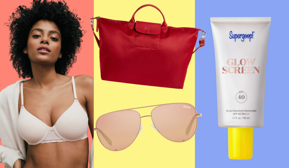 bra, bag, sunglasses, suntan lotion