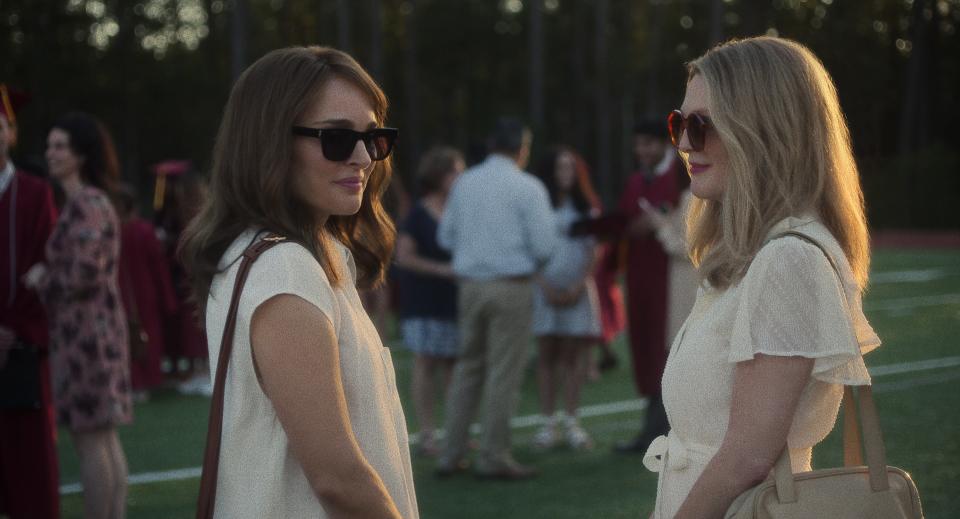 Gracie (Julianne Moore, right) throws Elizabeth (Natalie Portman) one final curveball as they say goodbye in "May December."