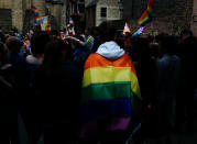 <p>People attend the York Pride parade on June 9, 2018 in York, England. The parade made its way through the streets of the city center before reaching the Knavesmire area of the city where live music entertained the crowds. York Pride aims to raise awareness of lesbian, gay, bisexual and transgender (LGBT) issues both in the UK and abroad and seeks to promote equality and eliminate discrimination on the grounds of sexual orientation and gender identity. (Photo: Ian Forsyth/Getty Images) </p>