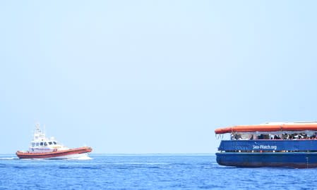 The migrant search and rescue ship Sea-Watch 3 carrying stranded migrants, sails near the island of Lampedusa