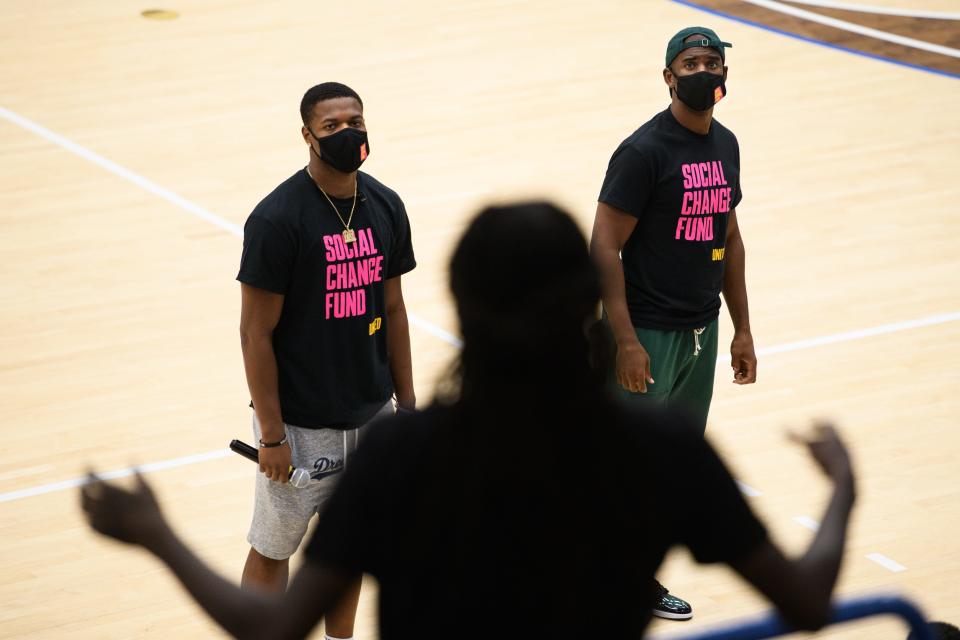 Rakeem Jones, center ask NBA players Dennis Smith Jr. and Chris Paul a question during a Q&A at Capel Arena on Fayetteville State University on Wednesday, Oct. 28, 2020. Paul is traveling the country going to historically black colleges to get people to vote in the upcoming election.