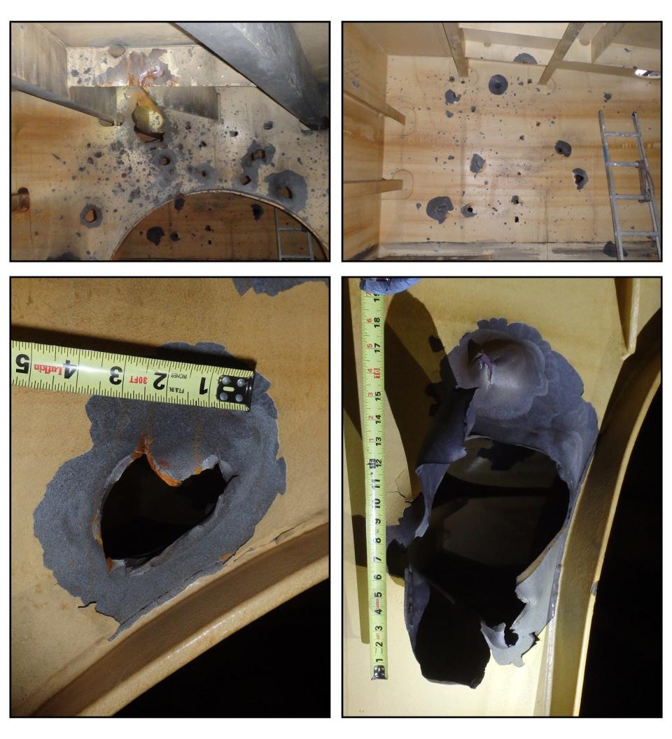 Images captured by a U.S. Navy explosive ordnance disposal team aboard M/T Pacific Zircon, Nov. 16, showing shipboard damage from a one-way unmanned aerial vehicle (UAV) attack the day prior. An attached explosive detonated during the attack, causing a blast pattern that led UAV fragments to subsequently penetrate internal compartments as well as damage a shipboard boiler and potable water tank. A life raft stored on the outside of the ship also suffered minor damage from the blast.