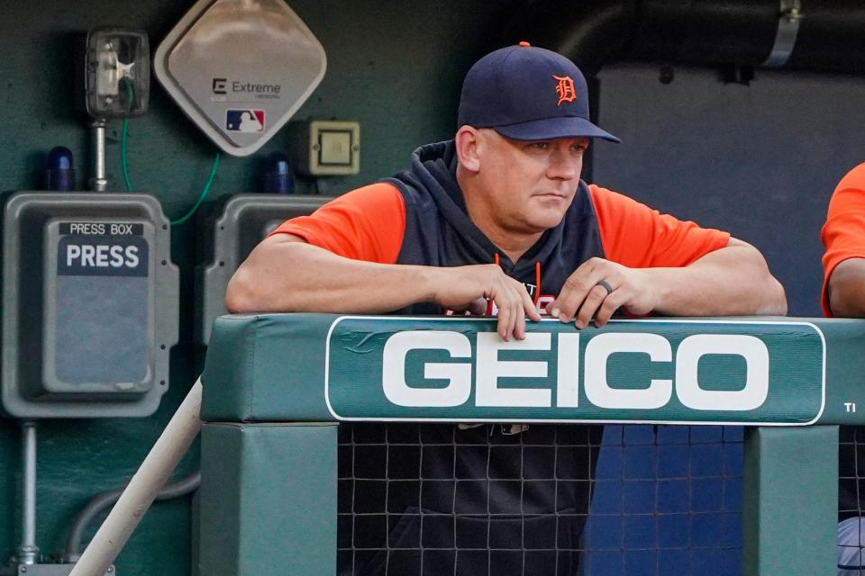 Tigers manager A.J. Hinch watches play against the Royals in the first inning on Tuesday, July 12, 2022, in Kansas City, Missouri.