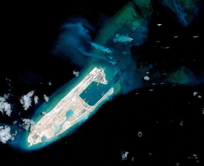 Satellite image of what is claimed to be an under-construction airstrip at the top end of Fiery Cross Reef in the Spratly Islands in the disputed South China Sea, as seen on April 2, 2015 (AFP Photo/Digitalglobe)