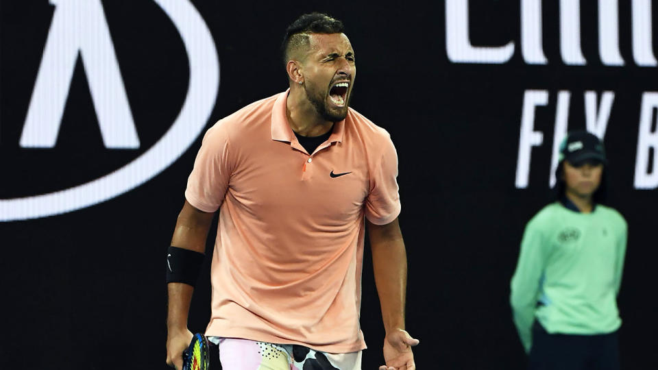 Seen here, Nick Kyrgios won his first round match at the Australian Open. 