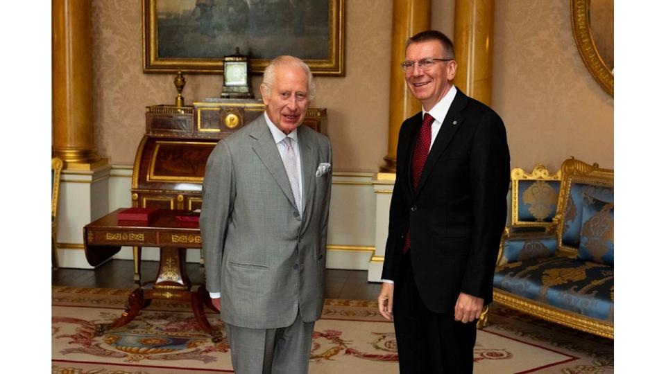 King Charles III meeting President of Latvia, Edgars Rinkevics, during a private audience at Buckingham Palac