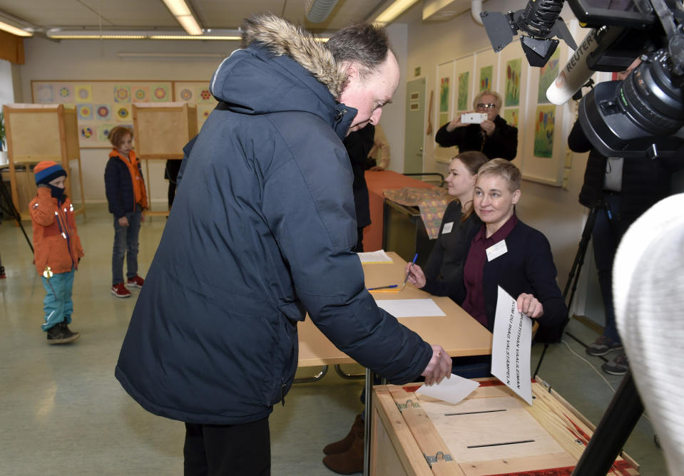 The chairman of the Finns Party and parliamentary candidate Jussi Halla-aho votes in the parliamentary elections, in Helsinki, Finland Sunday, April 14, 2019. Finns are voting in a parliamentary election in which reforming the nation’s generous welfare model and tackling climate change have emerged as key issues.(Emmi Korhonen/Lehtikuva via AP)