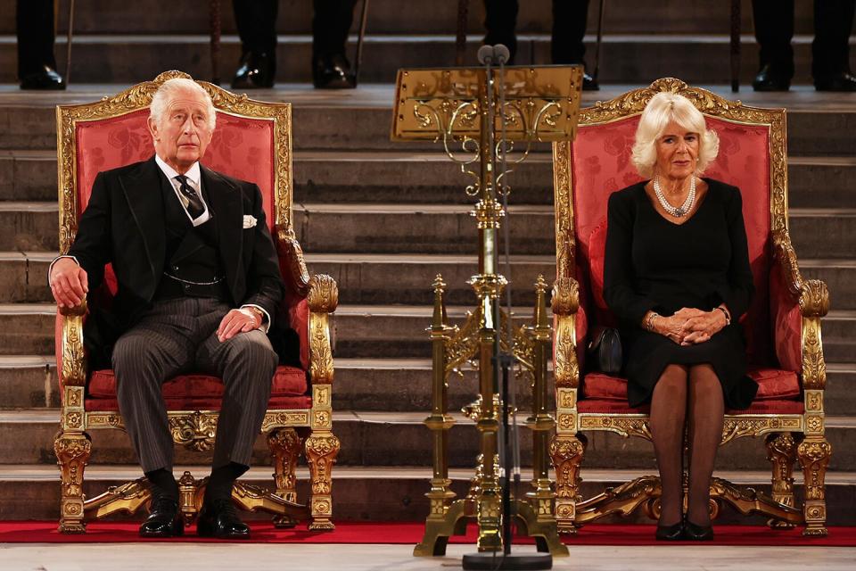 King Charles III and Camilla, Queen Consort take part in an address in Westminster Hall