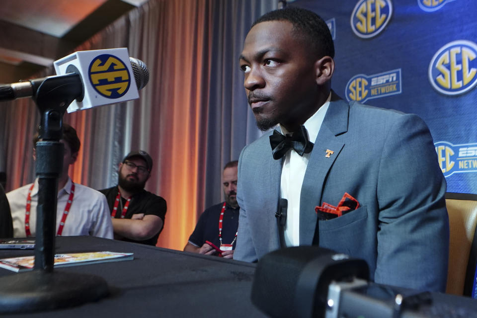 Tennessee quarterback Hendon Hooker speaks during NCAA college football Southeastern Conference Media Days, Thursday, July 21, 2022, in Atlanta. (AP Photo/John Bazemore)