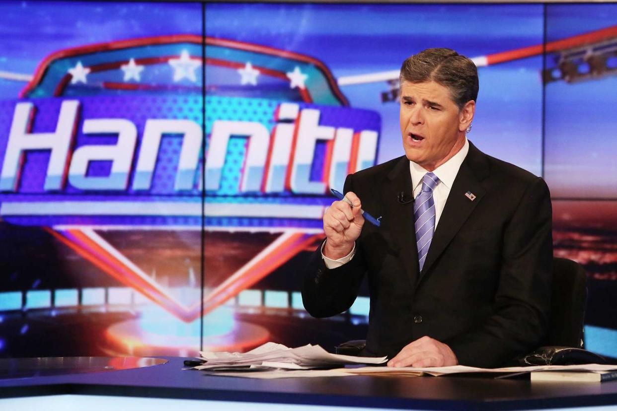 Host Sean Hannity on set of FOX's "Hannity With Sean Hannity" at FOX Studios on April 21, 2014 in New York City.