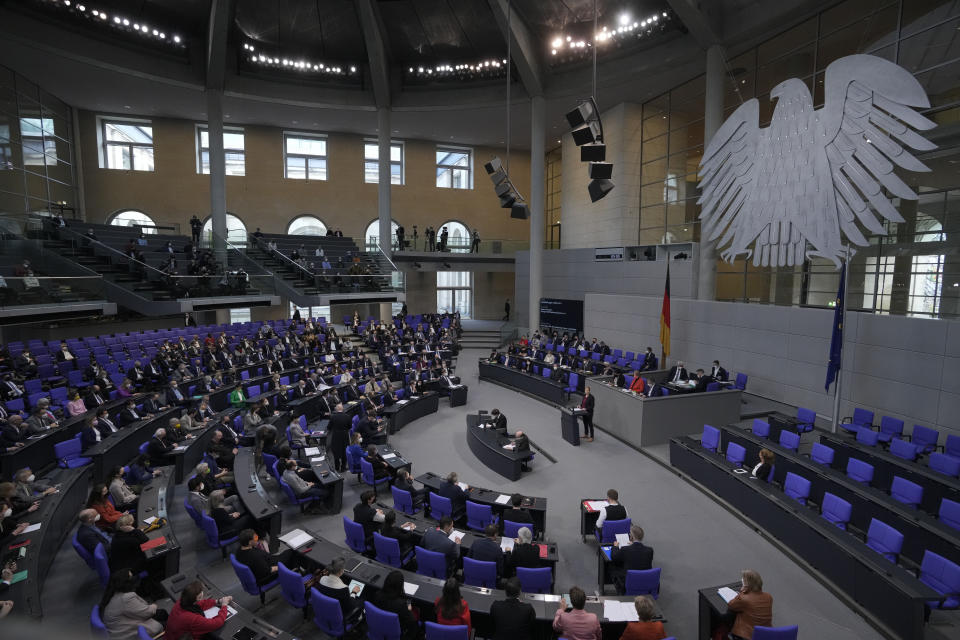 German parliament Bundestag debate about a vaccination mandatory Germany at the Reichstag building in Berlin, Germany, Thursday, April 7, 2022. (AP Photo/Markus Schreiber)