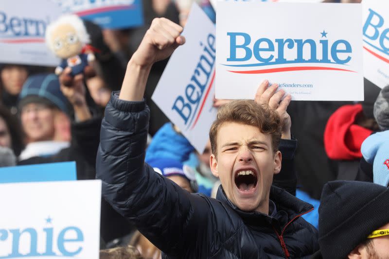 A supporter of Democratic 2020 U.S. presidential candidate Senator Bernie Sanders reacts during a rally in Boston