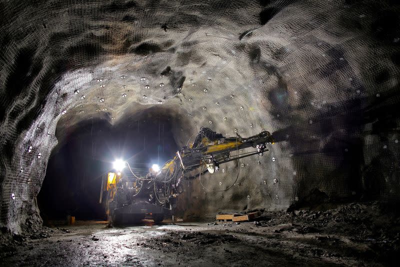 A view of a drilling rig underground in Malmberget mine